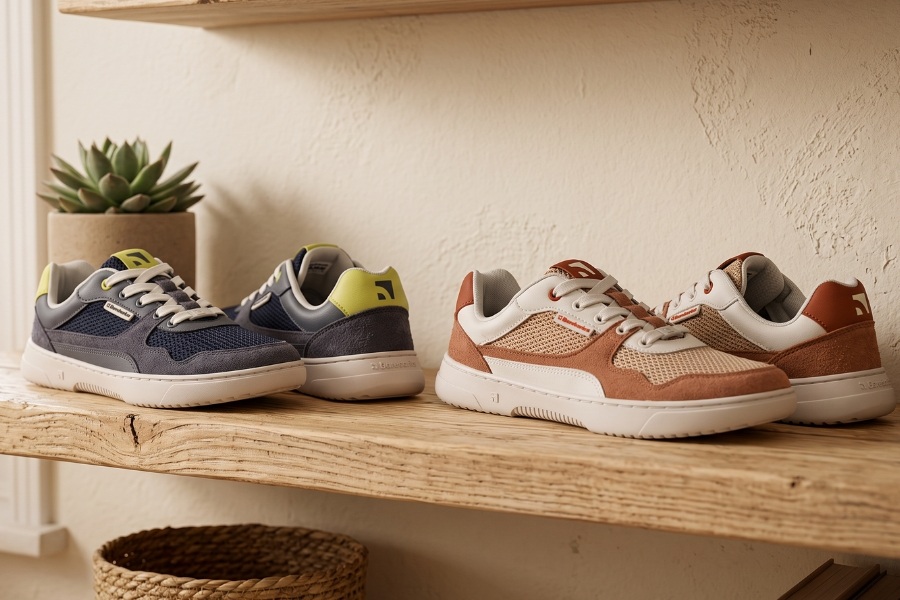 Two pairs of men's barefoot shoes in blue and brown on a wooden shelf Two pairs of men's barefoot shoes in blue and brown on a wooden shelf
