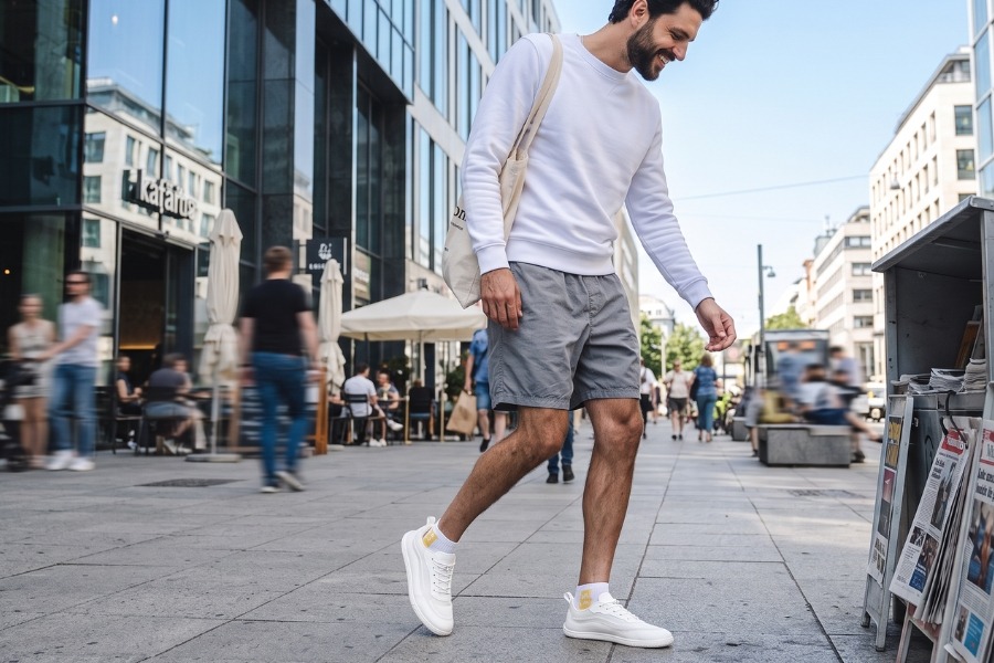 Uomo in scarpe barefoot estive da uomo bianche cammina in una zona pedonale in città Uomo in scarpe barefoot estive da uomo bianche cammina in una zona pedonale in città