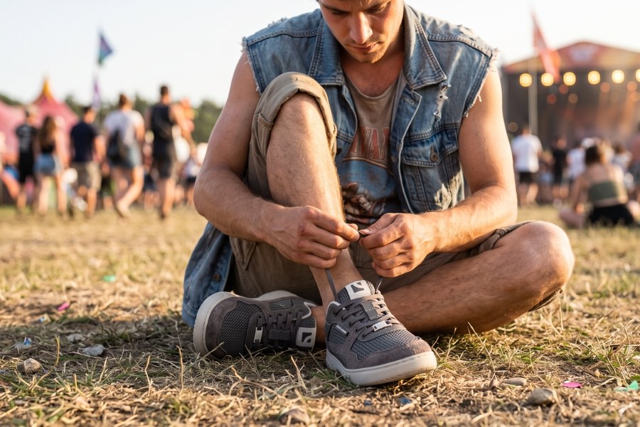 Uomo che allaccia scarpe barefoot estive da uomo grigie a un festival Uomo che allaccia scarpe barefoot estive da uomo grigie a un festival