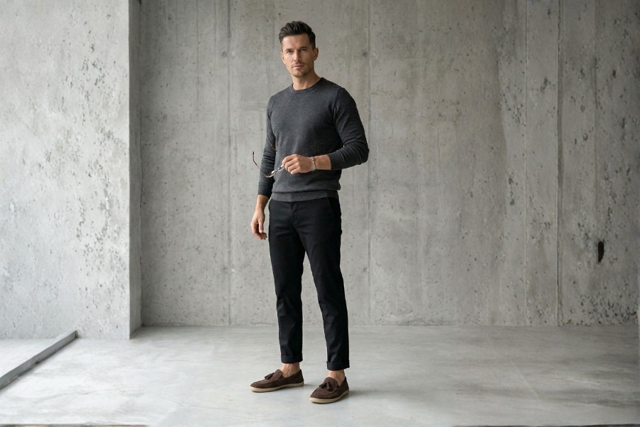 Man in brown men's office barefoot shoes standing by a concrete wall