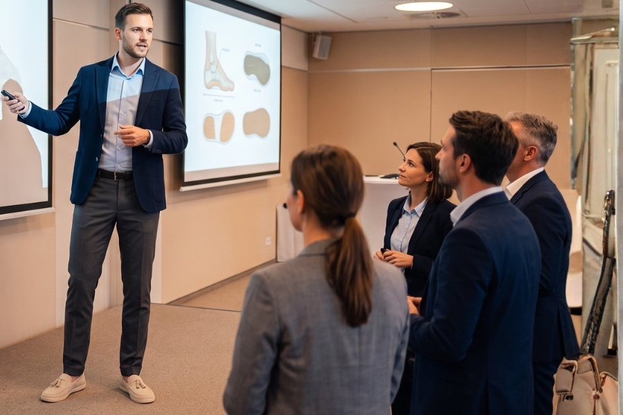 Man in cream men's office barefoot shoes presenting at a work meeting