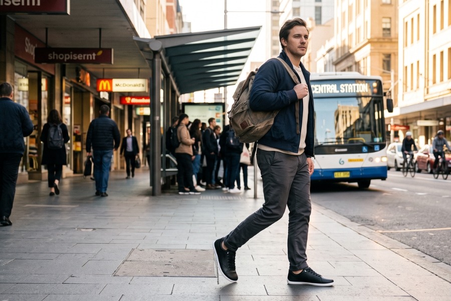 Man in black men's office barefoot shoes walking through the city with a backpack
