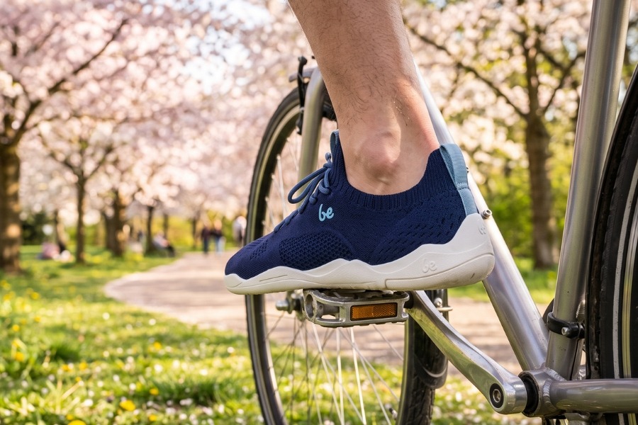 Close-up of a foot in navy men's spring barefoot shoes on a bicycle pedal among blossoming trees Close-up of a foot in navy men's spring barefoot shoes on a bicycle pedal among blossoming trees