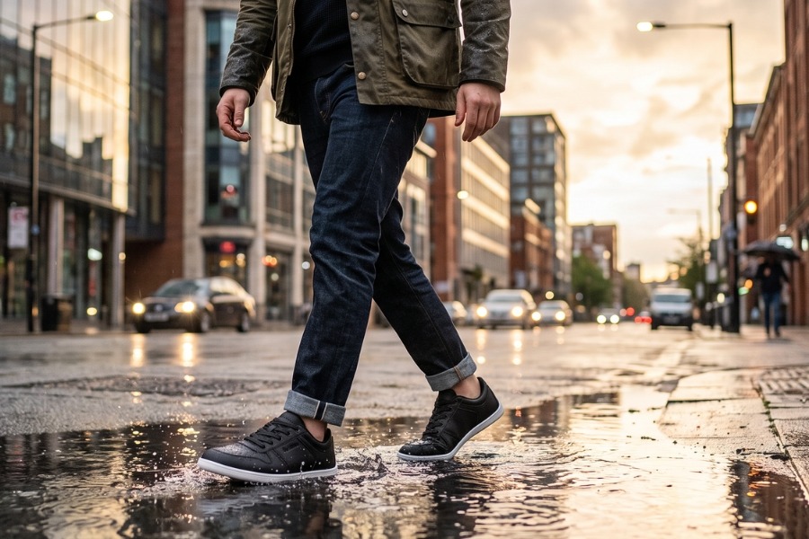 Man in black men's spring barefoot shoes crossing a wet city street at dusk Man in black men's spring barefoot shoes crossing a wet city street at dusk