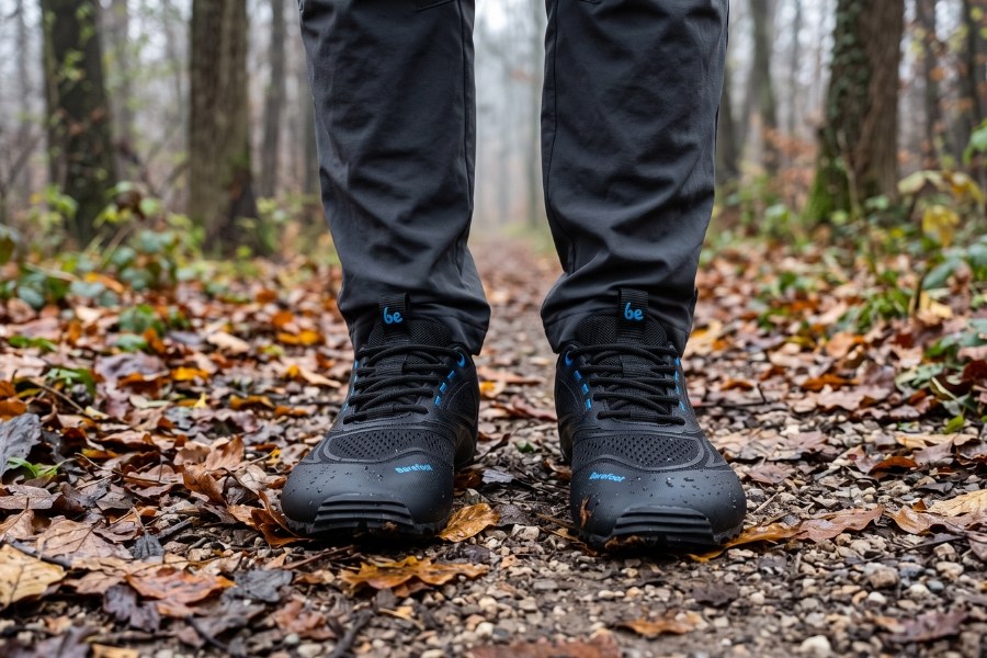 Close-up of feet in black men's autumn barefoot shoes with a chunky sole on a leaf-covered forest trail Close-up of feet in black men's autumn barefoot shoes with a chunky sole on a leaf-covered forest trail