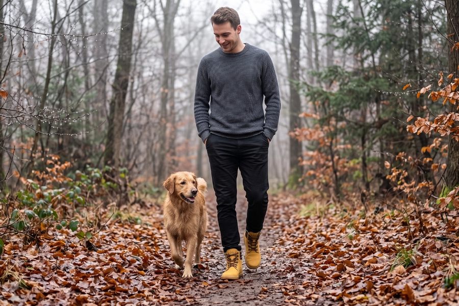 Man in yellow men's autumn barefoot shoes walking with a dog along a forest road Man in yellow men's autumn barefoot shoes walking with a dog along a forest road