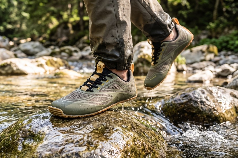 Close-up of feet in khaki men's outdoor barefoot shoes on a rock by a stream Close-up of feet in khaki men's outdoor barefoot shoes on a rock by a stream