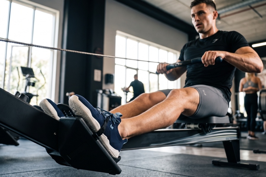 Man in navy men's sports barefoot shoes training on a rowing machine