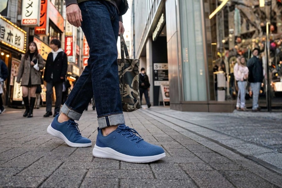 Man in blue men's vegan barefoot shoes walking on a pavement in a busy city district