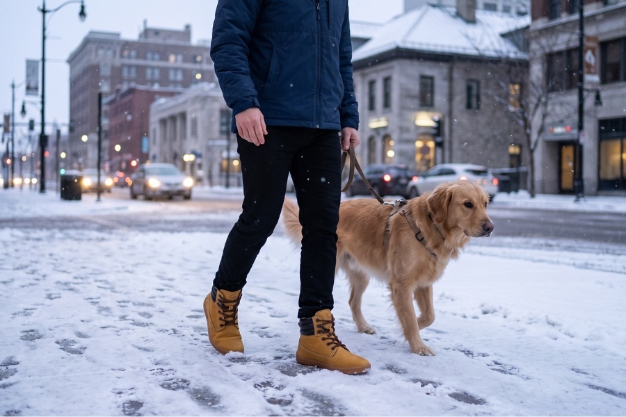 Mann in gelben Barfuß-Winter-Herrenschuhen geht mit einem Hund auf einer verschneiten Stadtstraße Mann in gelben Barfuß-Winter-Herrenschuhen geht mit einem Hund auf einer verschneiten Stadtstraße