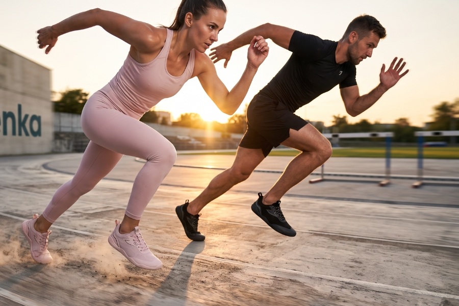 Dos personas esprintan en la pista al atardecer con zapatos barefoot deportivos rosas y negros. Dos personas esprintan en la pista al atardecer con zapatos barefoot deportivos rosas y negros.