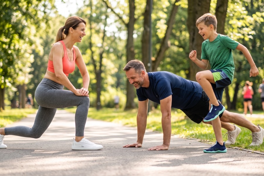 Una familia entrena junta en el parque – dos adultos y un niño con zapatos barefoot deportivos. Una familia entrena junta en el parque – dos adultos y un niño con zapatos barefoot deportivos.