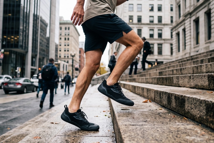 Una persona sube corriendo unas escaleras urbanas con zapatos barefoot deportivos negros y ligeros. Una persona sube corriendo unas escaleras urbanas con zapatos barefoot deportivos negros y ligeros.