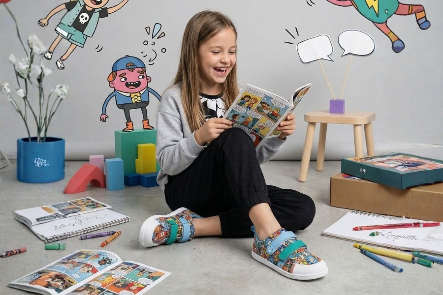Tre bambini in scarpe barefoot per bambini alla moda giocano tra le foglie in un parco autunnale Tre bambini in scarpe barefoot per bambini alla moda giocano tra le foglie in un parco autunnale