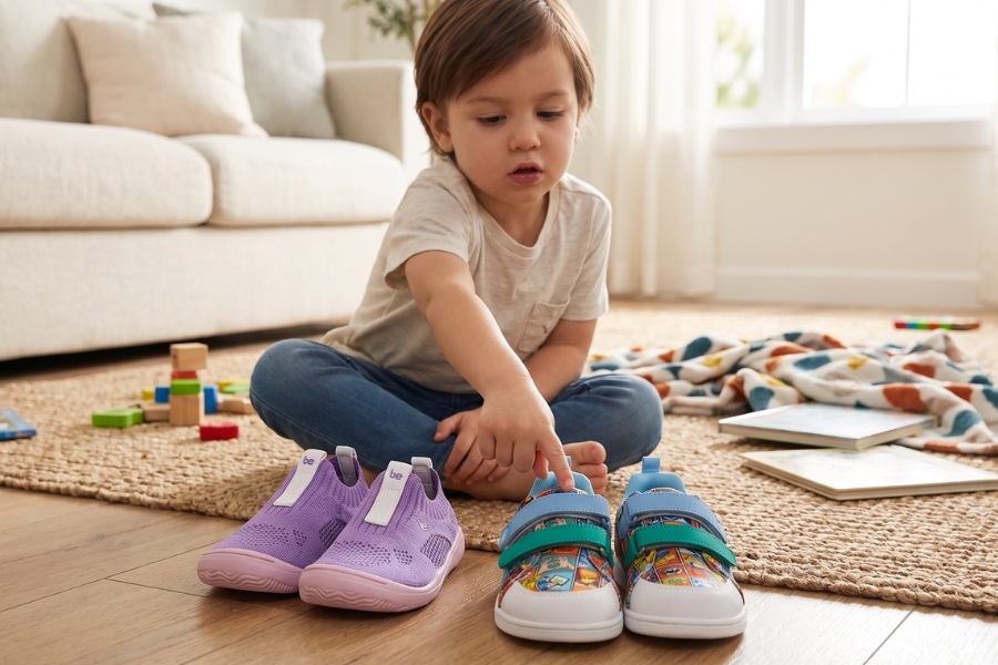 Niño eligiendo entre dos pares de zapatos barefoot infantiles de moda en un salón Niño eligiendo entre dos pares de zapatos barefoot infantiles de moda en un salón