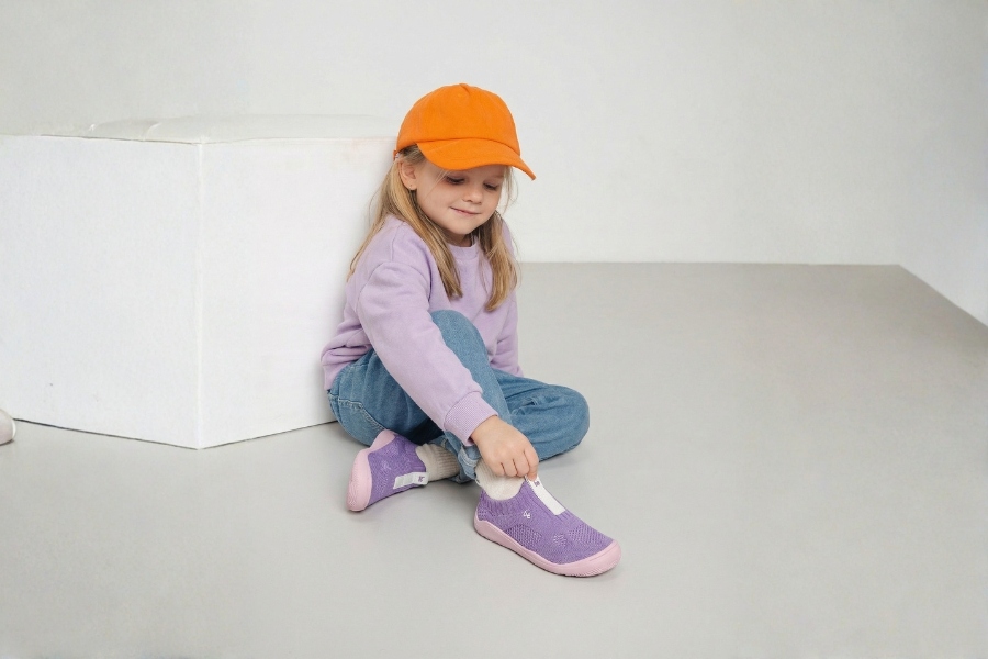 Girl in purple knitted kids' vegan barefoot shoes sitting on the floor Girl in purple knitted kids' vegan barefoot shoes sitting on the floor