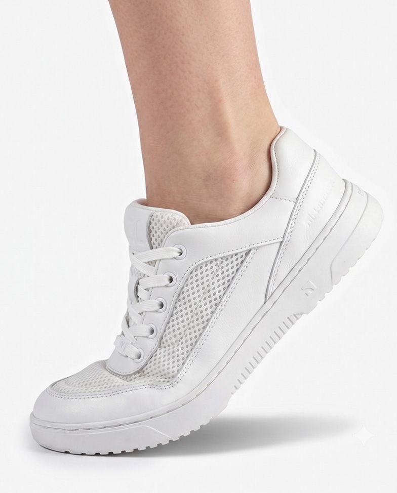 Barebarics Vaporo - all white, barefoot sneakers, on feet side view