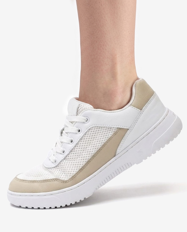 Barebarics Vaporo - white & beige, barefoot sneakers, on feet side view
