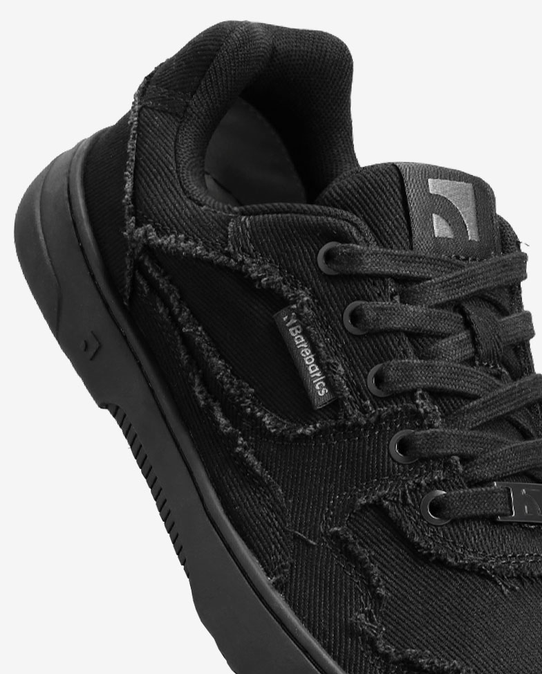 Barebarics Zing - all black denim, barefoot sneakers, side profile lace detail
