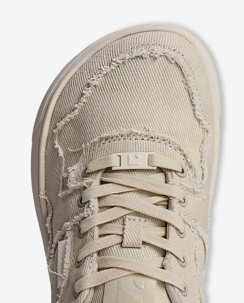 Barebarics Zing - cream white denim, barefoot sneakers, toe detail top view