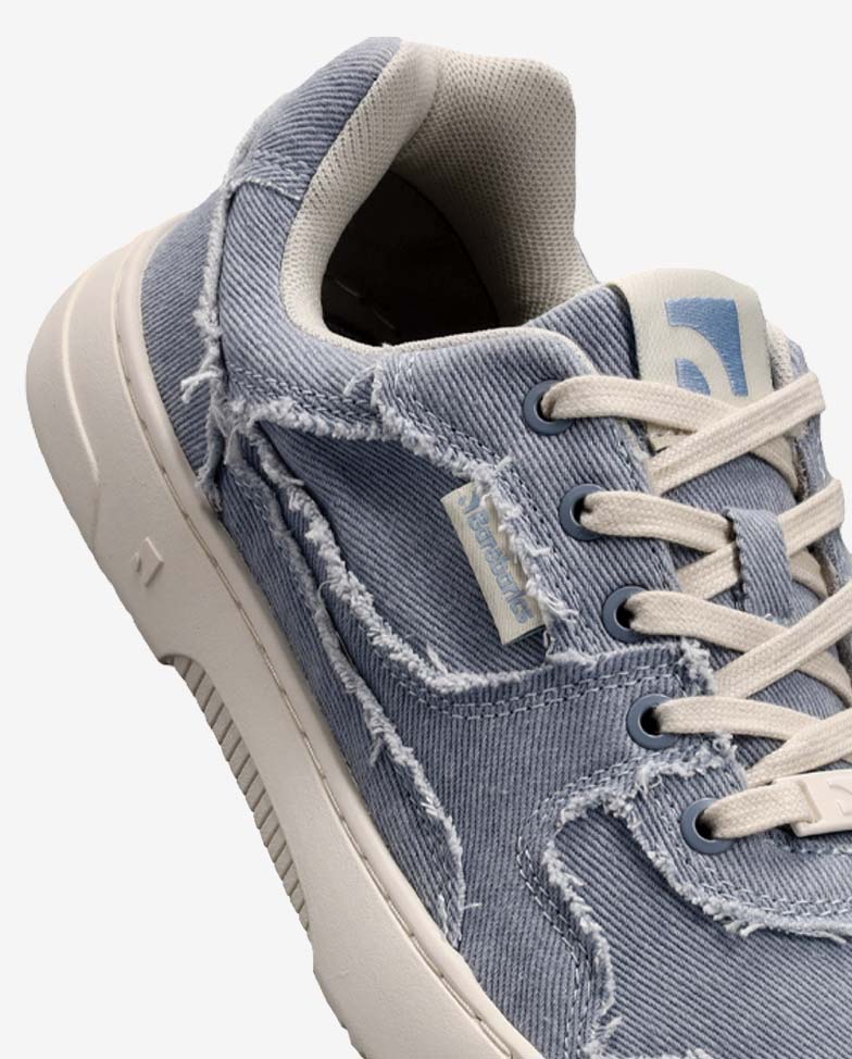 Barebarics Zing - light blue denim, barefoot sneakers, side profile lace detail