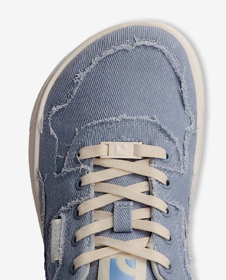 Barebarics Zing - light blue denim, barefoot sneakers, toe detail top view