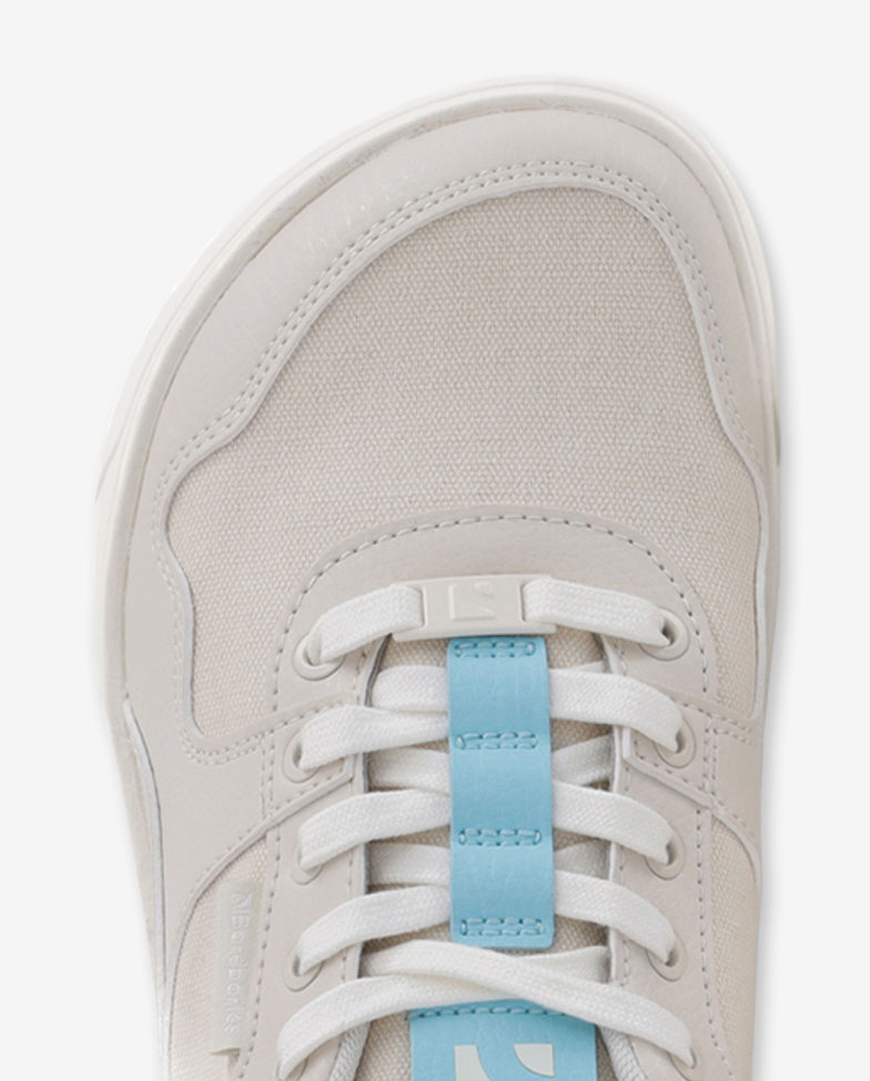 Barebarics Zing - off white & blue, barefoot sneakers, toe detail top view