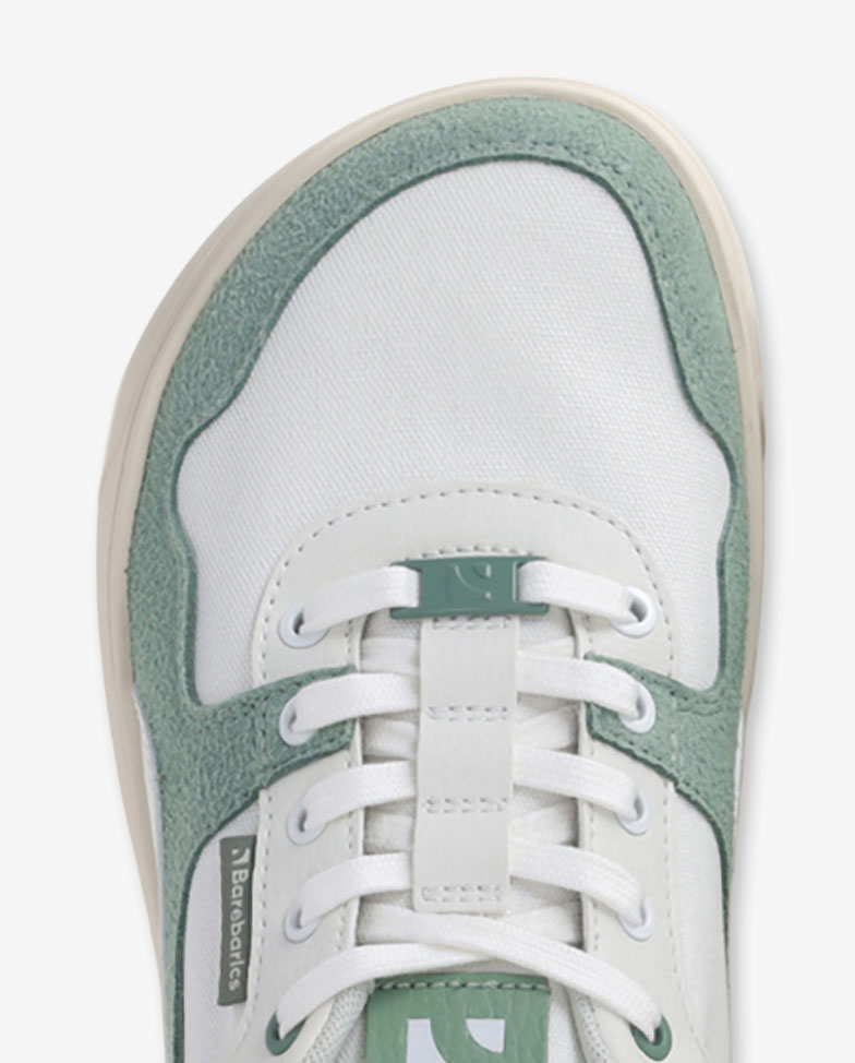 Barebarics Zing - white & green, barefoot sneakers, toe detail top view