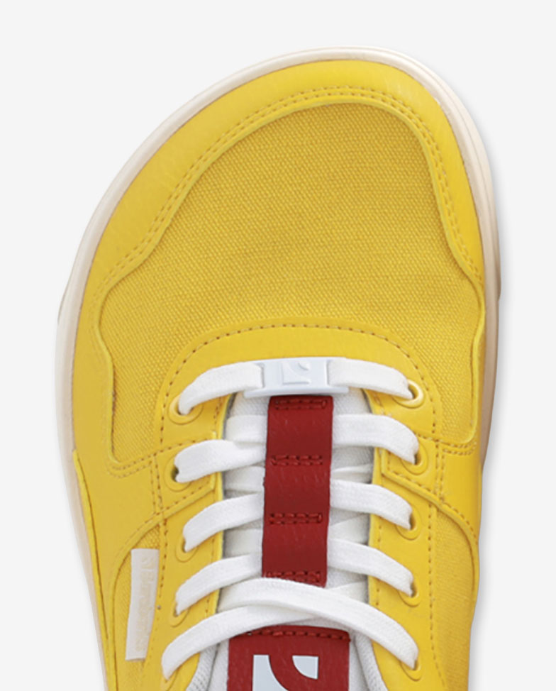 Barebarics Zing - yellow & red, barefoot sneakers, toe detail top view