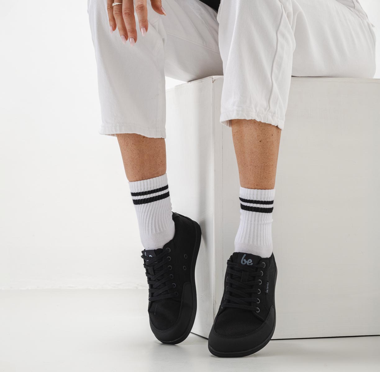 Be Lenka Rebound - all black, barefoot sneakers, on feet view