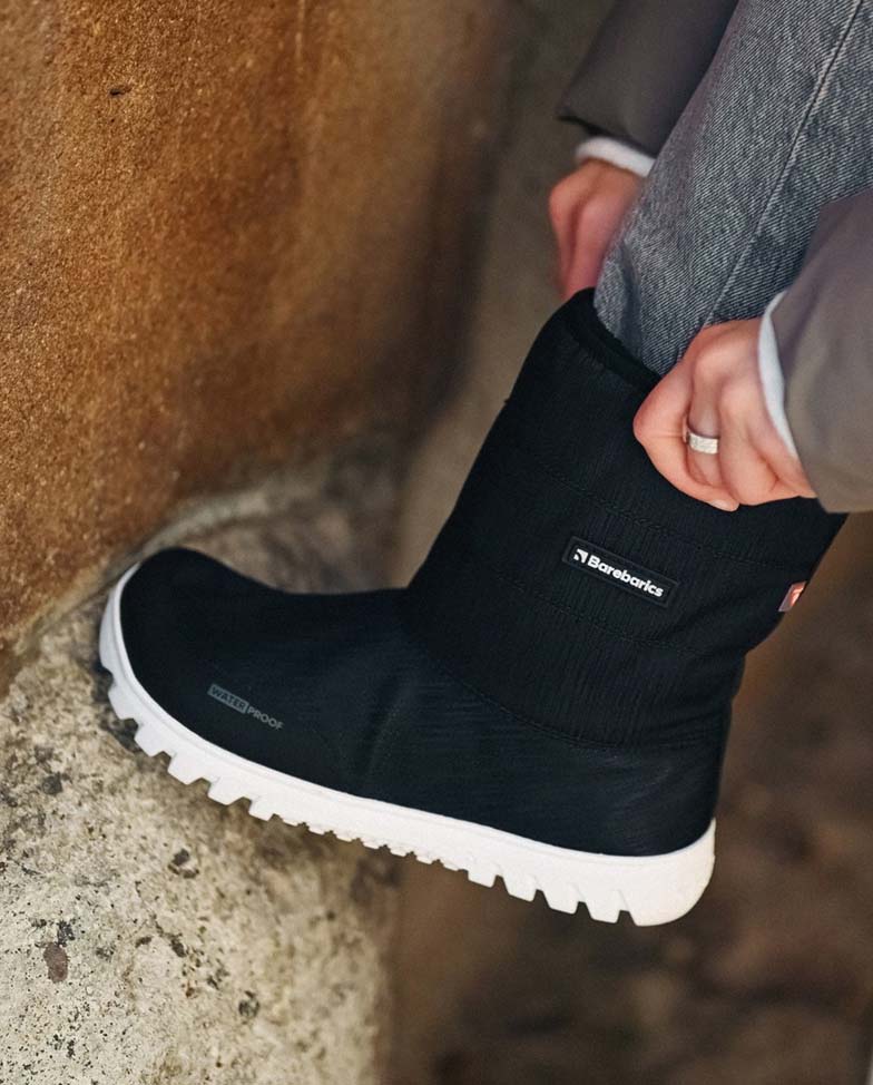 Barebarics Polarstride - Black, winter barefoot boots, lifestyle shot on feet