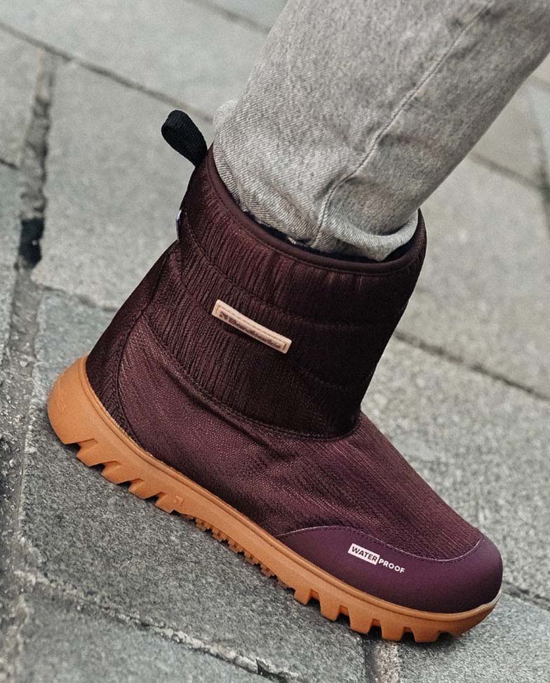 Barebarics Polarstride - Copper Brown, winter barefoot boots, lifestyle shot on feet