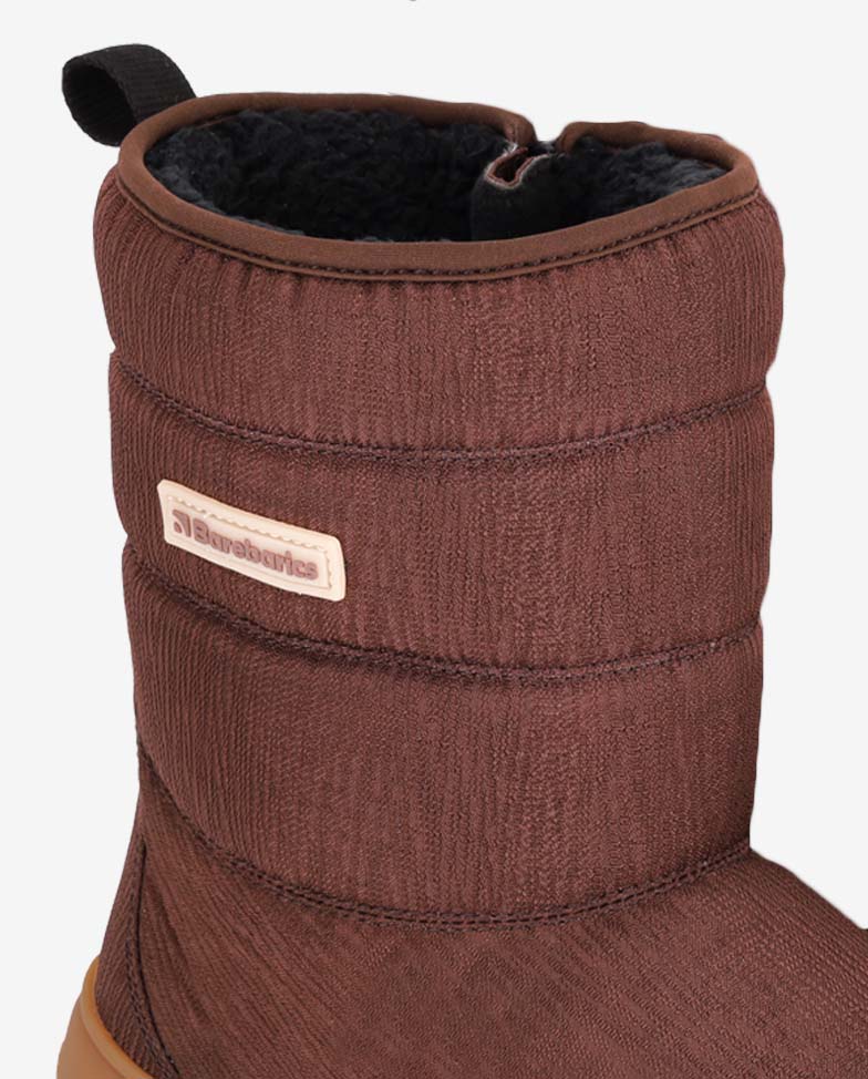 Barebarics Polarstride - Copper Brown, winter barefoot boots, upper and logo detail