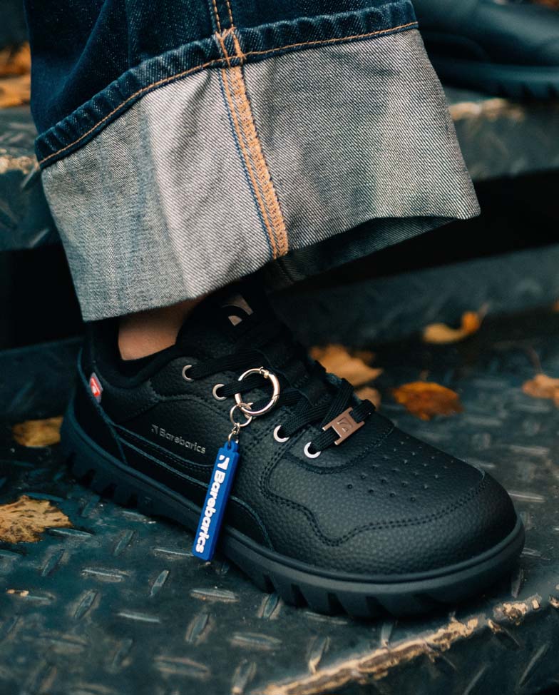 Barebarics Zing Frost - All Black, barefoot sneakers, lifestyle shot