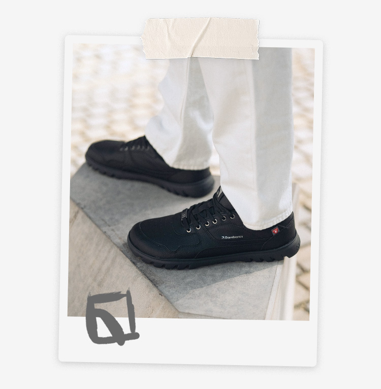 Barebarics Zing Frost - All Black, barefoot sneakers, on feet