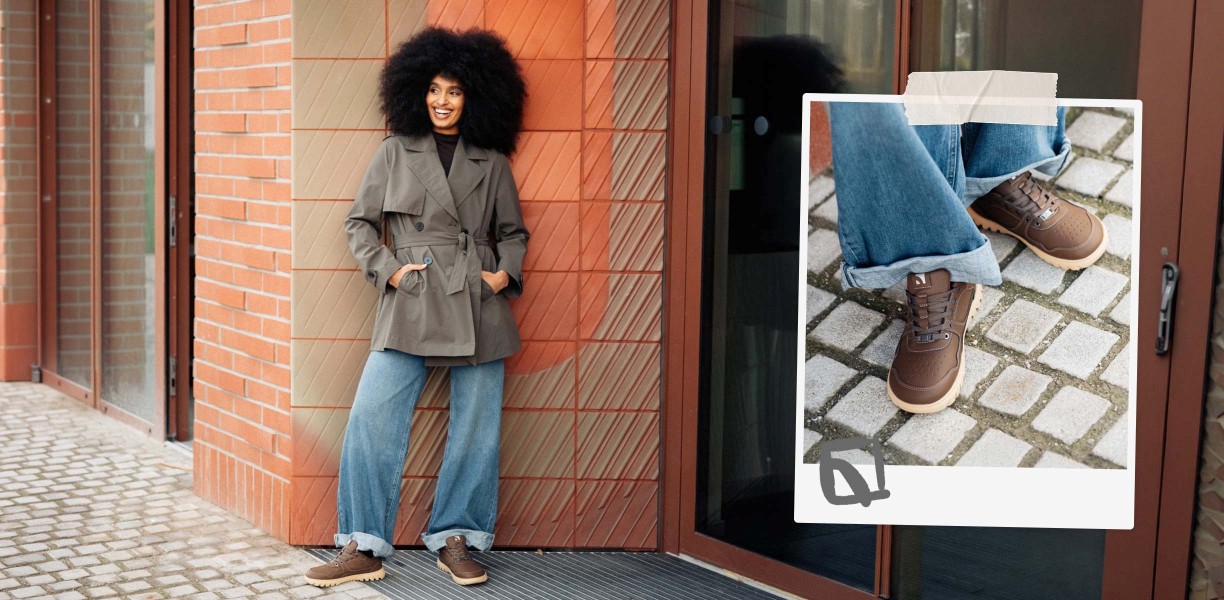 Barebarics Zing Frost - Dark Brown, barefoot sneakers, lifestyle collage
