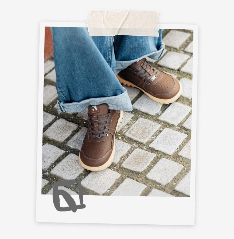 Barebarics Zing Frost - Dark Brown, barefoot sneakers, on feet