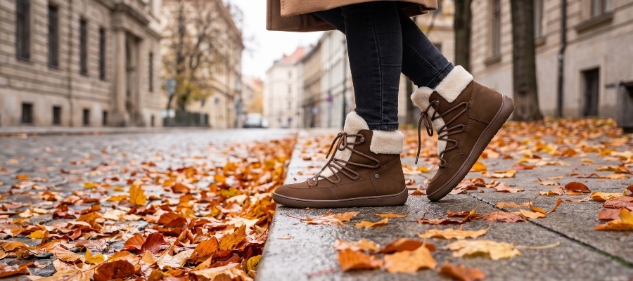 Brown barefoot shoes on an autumn sidewalk