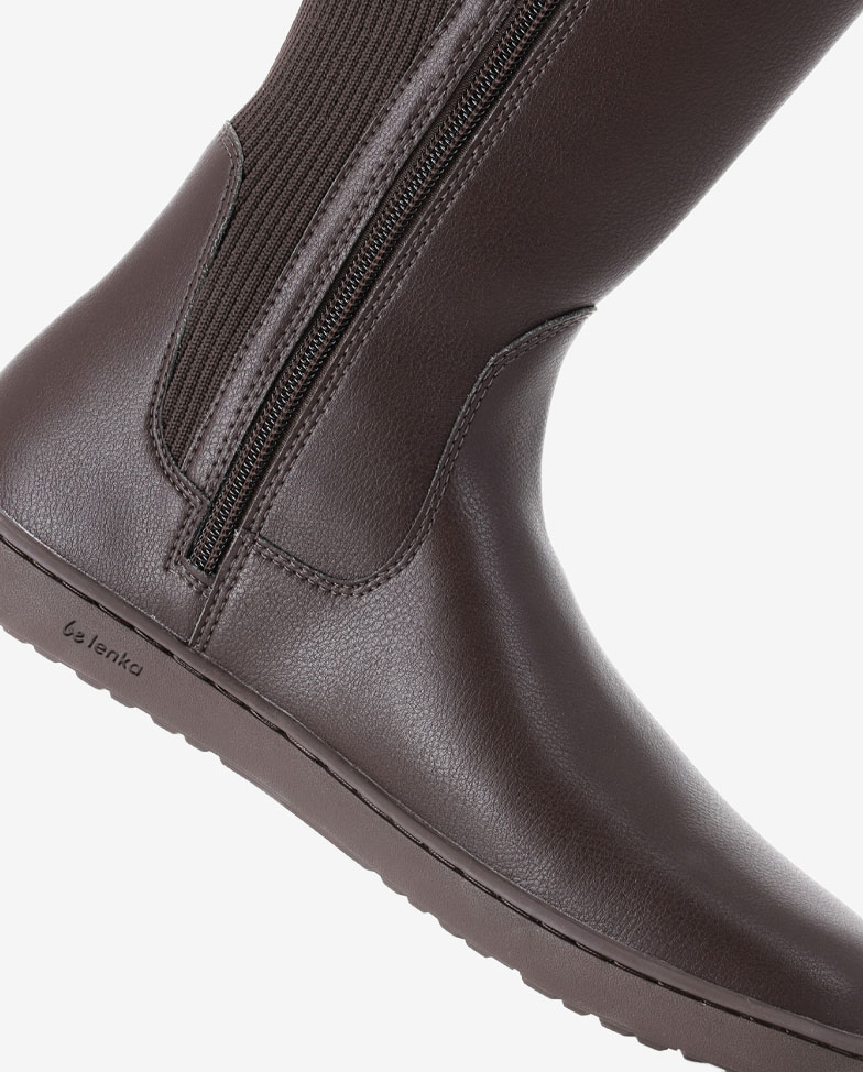 Be Lenka Symphony - Dark Brown, botas altas barefoot, detalle de la cremallera